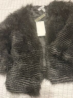 Mango Faux Fur Coat in Black and Gray Stripe
